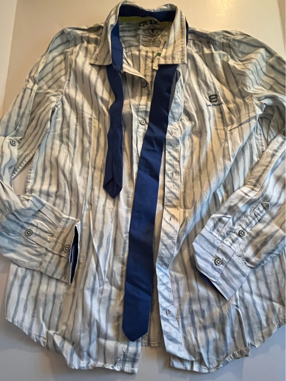 NWT Epic Threads Blue Stripe with Tie LS Shirt - Boys Size L